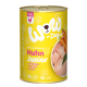 Blik Wow-Dog Junior hondenvoer met kip, met een felgele label, met afbeeldingen van kippenstukken en wortelen.