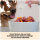Ein Golden Retriever beobachtet, wie eine Hand ein Gelenkgesundheitspräparat über rohes Fleisch und Karotten in einer Schüssel streut.