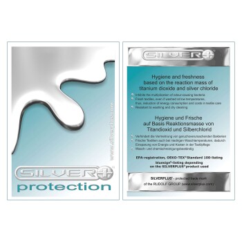 Silver+ Schutzproduktverpackung mit einem silbernen Flüssigkeitsspritzdesign, mit Text, der die Hygienevorteile und antibakteriellen Eigenschaften beschreibt.