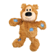 Braunes Plüschbär-Spielzeug mit zotteligem Fell, blauen Flicken an Gliedmaßen und Bauch, mit schwarzer Nase und gesticktem Lächeln auf weißem Hintergrund.