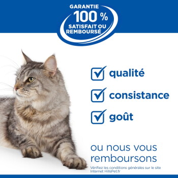 Chat tigré gris couché sur la gauche, liste de contrôle bleue indiquant « qualité », « consistance », « goût », et badge « GARANTIE 100% SATISFAIT OU REMBOURSÉ »