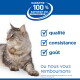 Chat tigré gris couché sur la gauche, liste de contrôle bleue indiquant « qualité », « consistance », « goût », et badge « GARANTIE 100% SATISFAIT OU REMBOURSÉ »