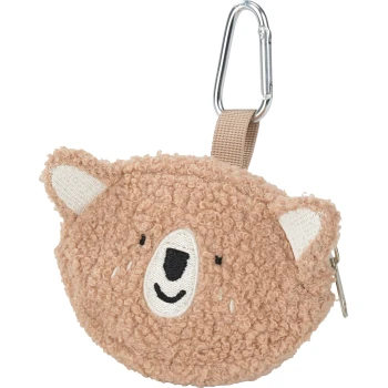 Tan curly plush bear coin purse with embroidered face, zipper pouch and metal carabiner clip