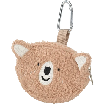 Tan curly plush bear coin purse with embroidered face, zipper pouch and metal carabiner clip