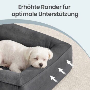 Weißer Hund schläft in einem grauen Bett mit erhöhten Rändern; Pfeile zeigen auf die Ränder. Text „Erhöhte Ränder für optimale Unterstützung“.