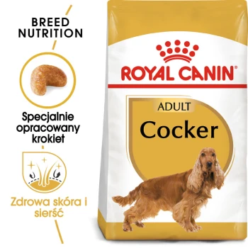 Torba karmy dla psów Royal Canin Adult Cocker z ilustracją Cocker Spaniela, z tekstem podkreślającym odżywianie rasy i zdrowie skóry.