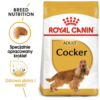 Torba karmy dla psów Royal Canin Adult Cocker z ilustracją Cocker Spaniela, z tekstem podkreślającym odżywianie rasy i zdrowie skóry.