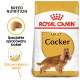 Torba karmy dla psów Royal Canin Adult Cocker z ilustracją Cocker Spaniela, z tekstem podkreślającym odżywianie rasy i zdrowie skóry.