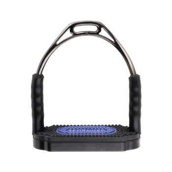 Schwarzer Pferdereitsteig mit einer strukturierten Gummifußplatte und ergonomischen Griffen, mit einem blauen Logo, das "SPRENGER" liest.