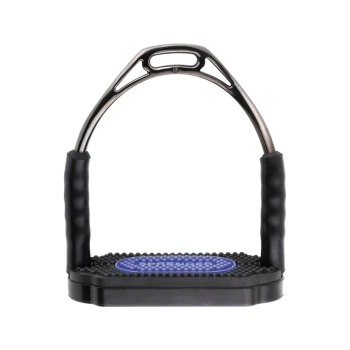 Schwarzer Pferdereitsteig mit einer strukturierten Gummifußplatte und ergonomischen Griffen, mit einem blauen Logo, das "SPRENGER" liest.