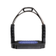 Schwarzer Pferdereitsteig mit einer strukturierten Gummifußplatte und ergonomischen Griffen, mit einem blauen Logo, das "SPRENGER" liest.