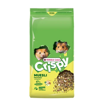 Grün-gelbe Versele-Laga „Crispy“ Hamstermüsli-Tüte mit zwei hervorlugenden Hamstern und einem Haufen Körner.