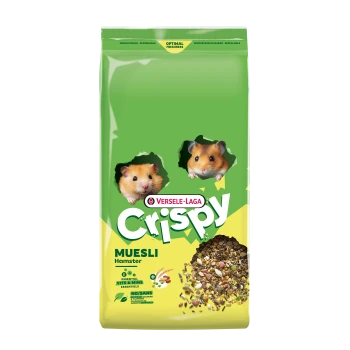 Grün-gelbe Versele-Laga „Crispy“ Hamstermüsli-Tüte mit zwei hervorlugenden Hamstern und einem Haufen Körner.