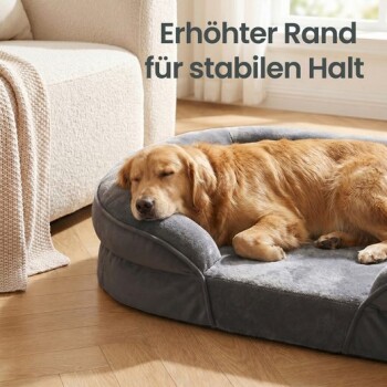 Schlafender Golden Retriever auf grauem Hundebett mit erhöhtem Rand; sichtbarer Text: 'Erhöhter Rand für stabilen Halt'