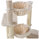 A beige cat tree featuring two soft, plush hanging beds and a flat platform, designed for pet comfort and play.