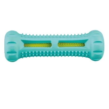Spielzeug Denta Fun Knochen Ein türkisfarbenes Gummihundespielzeug in Form eines Knochens, mit strukturierten Griffen und zwei gelben Netzfenstern.