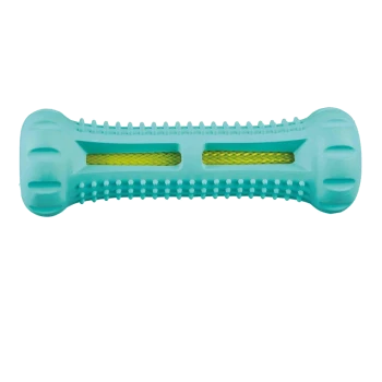 Ein türkisfarbenes Gummihundespielzeug in Form eines Knochens, mit strukturierten Griffen und zwei gelben Netzfenstern.