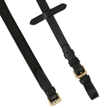 Schwarze Hundeleine mit einer Kombination aus strapazierfähigem Nylon und Leder, mit goldenen Metall-Schnallen für eine sichere Befestigung.