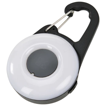Une lumière LED ronde et blanche avec un affichage numérique et un clip noir pour attache, idéale pour la visibilité des animaux de compagnie la nuit.