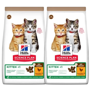 Zwei Tüten Hill's Science Plan Kittenfutter mit einem getigerten und einem calico Kätzchen auf der Vorderseite, beschriftet mit "No Grain" und "Chicken #1 Ingredient."