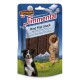 Eine Hundeleckerlipackung mit "Simmental Rind Filet Snack" für Hunde, mit einem schwarz-weißen Hund vor einer Berglandschaft.