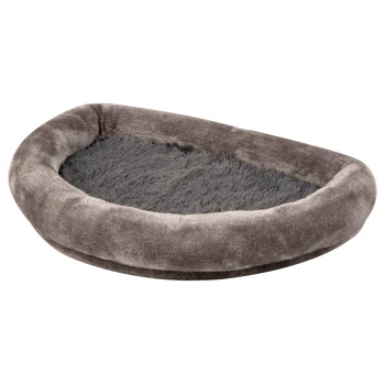 Ein weiches, rundes Haustierbett in Grautönen, mit einem plüschigen äußeren Rand und einer gemütlichen inneren Oberfläche, ideal für kleine Haustiere.