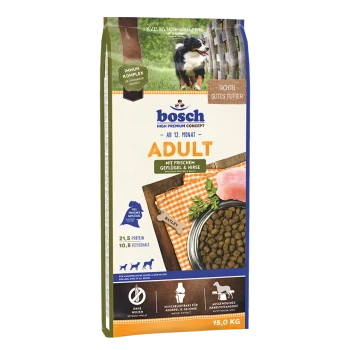 Bosch Adult Hundefuttertüte mit frischem Geflügel und Hirse, mit 21,5 % Protein und 10,5 % Fett, geeignet für Hunde über 12 Monate.