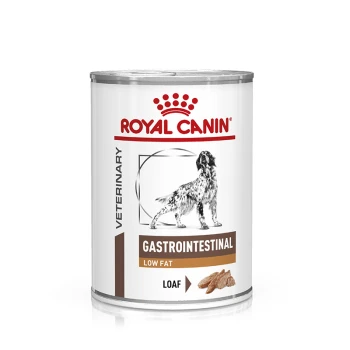 Dosen-Hundefutter von Royal Canin, beschriftet mit "Gastrointestinal Low Fat", mit einer Silhouette eines Hundes und einer Grafik eines Laibs Futter.