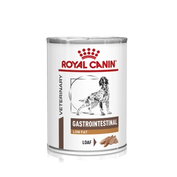 Karma w puszce dla psów od Royal Canin, oznaczona "Gastrointestinal Low Fat", z sylwetką psa i grafiką bochenka karmy.