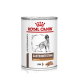 Nourriture en conserve pour chiens de Royal Canin, étiquetée "Gastrointestinal Low Fat," présentant une silhouette de chien et un graphique de pain.