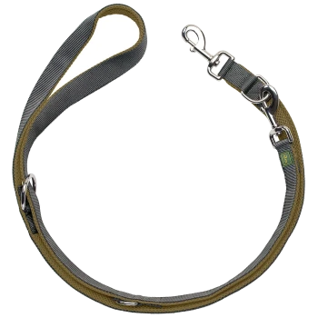 Eine strapazierfähige Hundeleine mit einem grauen und olivgrünen Design, mit einem Metallclip zur Befestigung und einem gepolsterten Griff für Komfort.