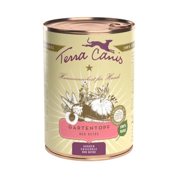 Gartentopf 6x400g Red Detox Eine Dose Terra Canis Hundefutter mit der Aufschrift "Gartentopf Red Detox", mit Gemüseillustrationen und dem Text "100% Natur".