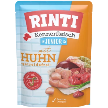 RINTI Kennerfleisch Junior getreidefreies Hundefutter mit Huhn im Beutel, mit rohen Fleischstücken und Omega-3-Kennzeichnung.