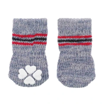 Gray knitted pet socks with red and black stripes, featuring a white paw print design on the bottom.