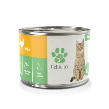 Dosen-Hundefutter mit der Aufschrift "Fellicita" und einem Bild einer Katze, mit den Texten "Huhn" und "Erwachsene" sowie Symbolen für hochwertige Zutaten.