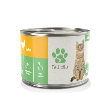 Dosen-Hundefutter mit der Aufschrift "Fellicita" und einem Bild einer Katze, mit den Texten "Huhn" und "Erwachsene" sowie Symbolen für hochwertige Zutaten.