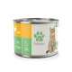 Dosen-Hundefutter mit der Aufschrift "Fellicita" und einem Bild einer Katze, mit den Texten "Huhn" und "Erwachsene" sowie Symbolen für hochwertige Zutaten.