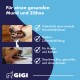 Dalmatiner neben GIGI Dental Care Pulverbehälter mit Text über 9,6 % bessere Zahnsteinreduktion als Standardprodukte.