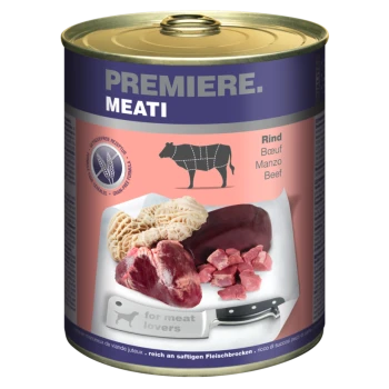 Dose Hundefutter mit der Aufschrift "Premiere. Meati" mit Rindfleischstücken, einschließlich Herz und Pansen, mit einem Messer und dem Text "für Fleischliebhaber."