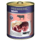 Dose Hundefutter mit der Aufschrift "Premiere. Meati" mit Rindfleischstücken, einschließlich Herz und Pansen, mit einem Messer und dem Text "für Fleischliebhaber."