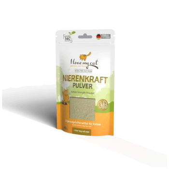 Verpackung eines natürlichen Katzenfutterzusatzes mit der Aufschrift "I love my cat Nierenkraft Pulver" mit einem Untertitel "Nierenstärkepulver," hergestellt in Deutschland.