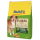 Sac jaune de nourriture pour chiens MultiFit étiqueté "Flakes Adult", présentant une image de chien, avec un texte indiquant qu'il s'agit de céréales avec des légumes, 7 kg.
