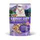 Lila DeliBest „Goodnight Goody“ Katzensnack‑Beutel mit weißem Kätzchen, zeigt den Text „Goodnight Goody“ und „85% Fleischanteil“.