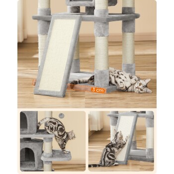 Ein grauer Katzenbaum mit einem Kratzbaum und einer verspielten grauen getigerten Katze, die auf dem Rücken liegt. Die Kratzfläche ist 3 cm dick.