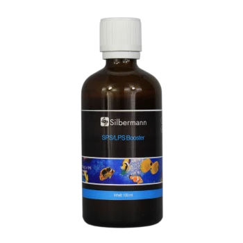 Braune Glasflasche mit der Aufschrift "Silbermann SPS/LPS Booster" und bunten Fischgrafiken, enthält 100 ml Produkt.