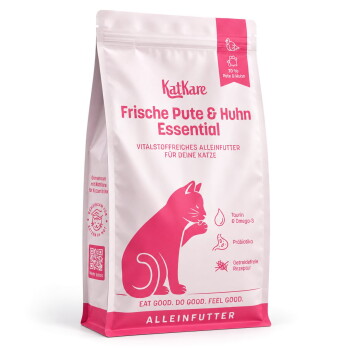 Rosa-weißer KatKare-Katzenfutterbeutel mit der Aufschrift 'Frische Pute & Huhn Essential', Katzensilhouette und 'Eat good. Do good. Feel good.'
