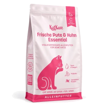 Rosa-weißer KatKare-Katzenfutterbeutel mit der Aufschrift 'Frische Pute & Huhn Essential', Katzensilhouette und 'Eat good. Do good. Feel good.'