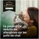 Femme enlacant un chat à poils longs, logo Purina Pro Plan LiveClear, texte en français : « Le pouvoir de réduire les allergènes... »