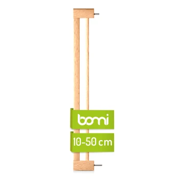 Holztiergitter von Bomi, höhenverstellbar von 10-50 cm, mit einem grünen Etikett mit dem Markennamen und Größenangaben.