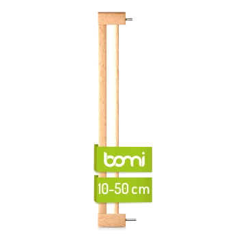 Holztiergitter von Bomi, höhenverstellbar von 10-50 cm, mit einem grünen Etikett mit dem Markennamen und Größenangaben.